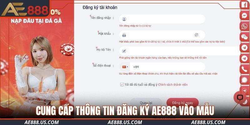 Cung cấp thông tin đăng ký AE888 vào mẫu yêu cầu